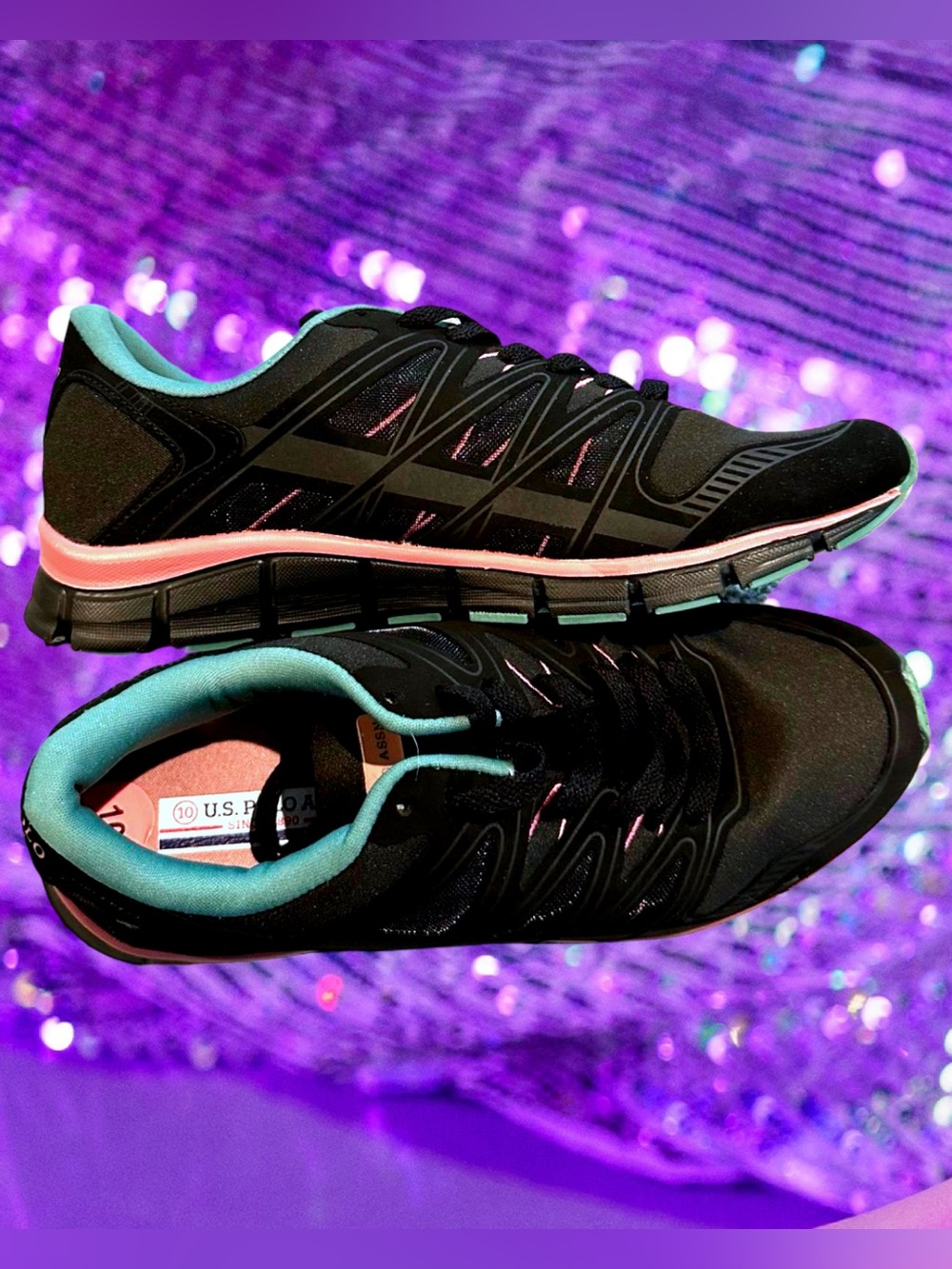 🆕U.S. Polo Assn. Women’s Black/Pink/Teal Lace-up Athletic Running Shoes❤️Sz: 10